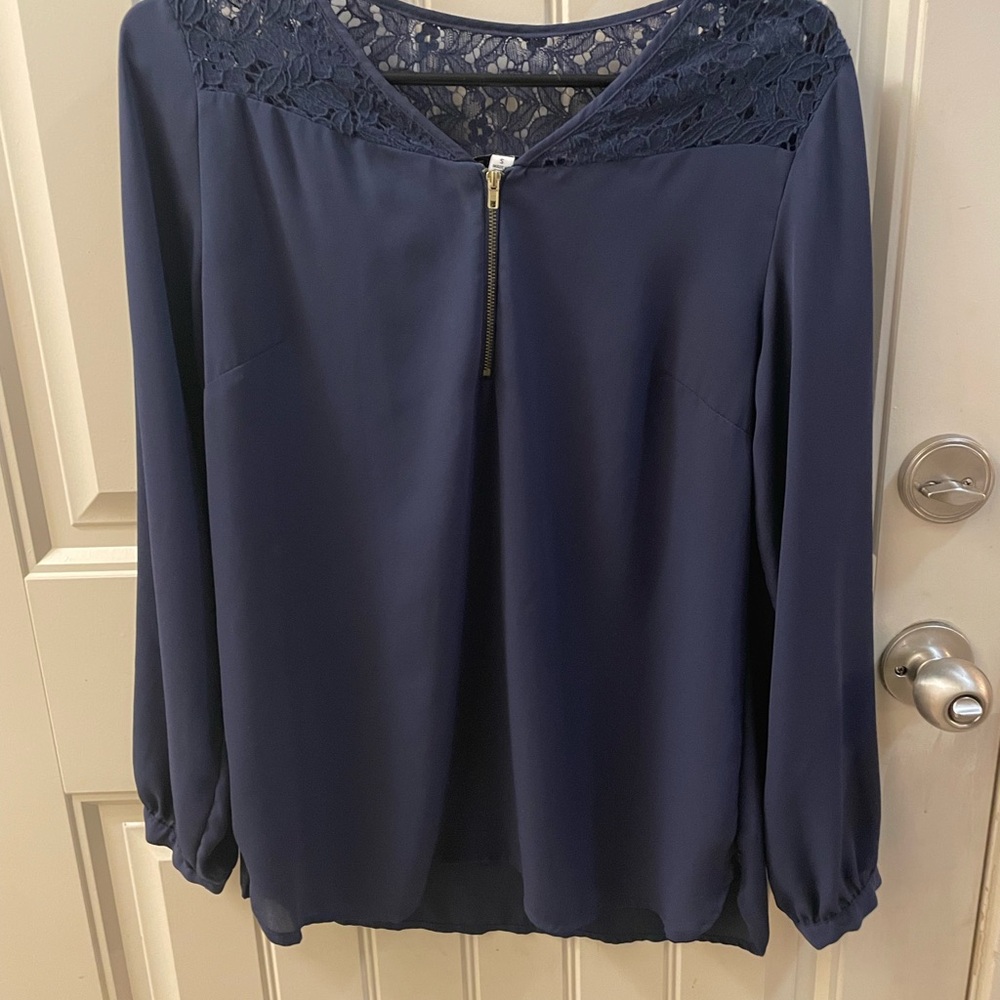 Notations Navy Blue Lace Accent Blouse